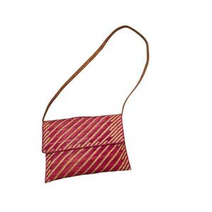 Vintage Handmade Straw Shoulder Bag With Leather Strap Red Tan Magnetic Flap
